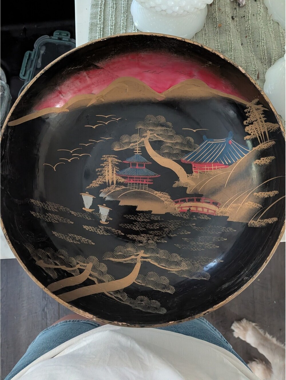 Japanese Scenic Lacquerware Round Wood Bowl, Glossy Black, 10 in Diameter